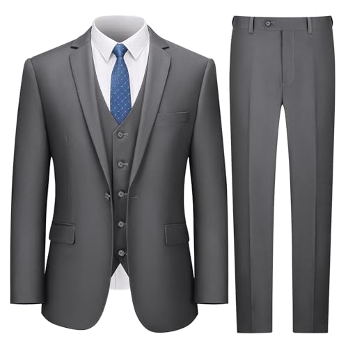 LUPURTY Anzüge für Herren, 3-teilige Herrenanzüge, Slim Fit Anzug-Set, solide Jacke Weste Hose mit Krawatte, 2 Knöpfe Herrenanzug, grau, 4XL von LUPURTY