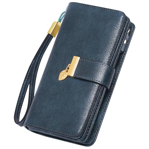 LUROON Geldbörse Damen Groß Viele Fächer, Leder Geldbeutel Damen Gross mit Kartenfächer, RFID Frauen Portemonnaie Lang Portmonee mit Reißverschluss von LUROON