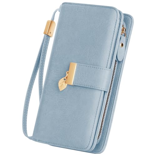 LUROON Geldbörse Damen Groß Viele Fächer, Leder Geldbeutel Damen Gross mit Kartenfächer, RFID Frauen Portemonnaie Lang Portmonee mit Reißverschluss von LUROON