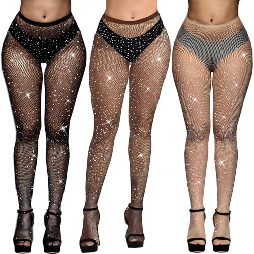 LURVOUS 3 Stück Damen Glitzer Strumpfhosen, Glitzer Netzstrumpfhose Glitzerstrumpfhose Glitzer Leggings Strass Netzstrümpfe, Glänzende Netzstrümpfe mit Hoher Taille Strumpfhosen mit Strasssteinen von LURVOUS
