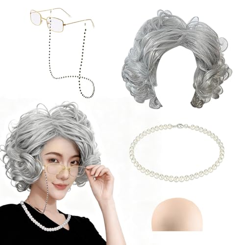 LURVOUS 5 Stück Old Lady Kostüm Set, Oma Perücke Alte Dame Perücke Alte Frauen Perücke mit Perücke Kappe Oma Brille Brillenketten Perlenkette, Oma Rentner Kostüm für Halloween Alte Dame Cosplay (Grey) von LURVOUS