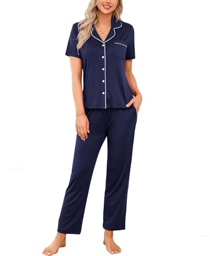 LUSLOVE Schlafanzüge Damen Pyjamas Set - Kurzarm Nachtwäsche Zweiteiliger mit Lang Pyjamahose Blau XXL von LUSLOVE