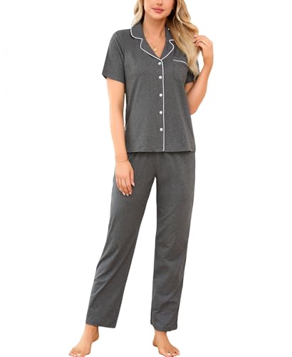 LUSLOVE Schlafanzüge Damen Pyjamas Set - Kurzarm Nachtwäsche Zweiteiliger mit Lang Pyjamahose Grau M von LUSLOVE