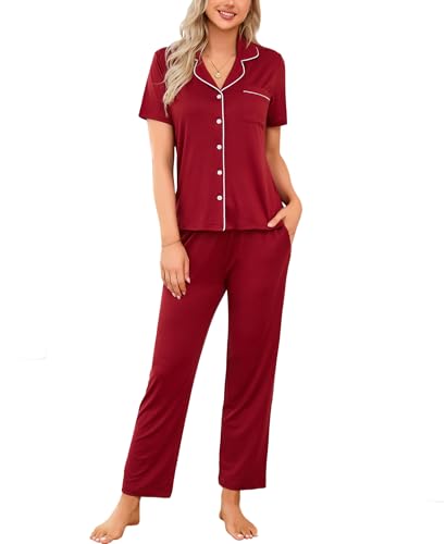 LUSLOVE Schlafanzüge Damen Pyjamas Set - Kurzarm Nachtwäsche Zweiteiliger mit Lang Pyjamahose Rot S von LUSLOVE