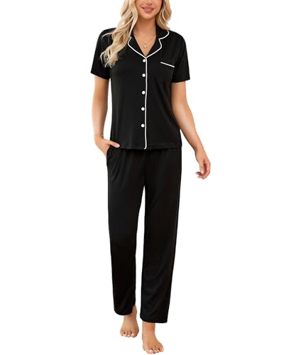 LUSLOVE Schlafanzüge Damen Pyjamas Set - Kurzarm Nachtwäsche Zweiteiliger mit Lang Pyjamahose Schwarz XL von LUSLOVE