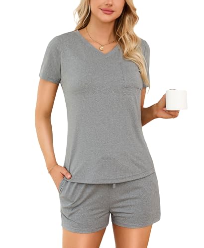 LUSLOVE Schlafanzug Damen Kurz Hausanzug - V Ausschnitt Pyjama Set mit Taschen Weich Nachtwäsche für Frauen Zweiteiliger Grau S von LUSLOVE