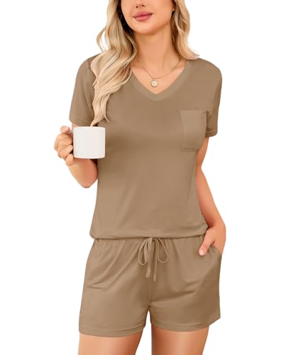 LUSLOVE Schlafanzug Damen Kurz Hausanzug - V Ausschnitt Pyjama Set mit Taschen Weich Nachtwäsche für Frauen Zweiteiliger Khaki S von LUSLOVE