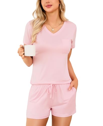 LUSLOVE Schlafanzug Damen Kurz Hausanzug - V Ausschnitt Pyjama Set mit Taschen Weich Nachtwäsche für Frauen Zweiteiliger Rosa S von LUSLOVE