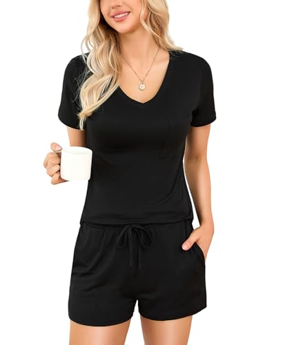LUSLOVE Schlafanzug Damen Kurz Hausanzug - V Ausschnitt Pyjama Set mit Taschen Weich Nachtwäsche für Frauen Zweiteiliger Schwarz XL von LUSLOVE