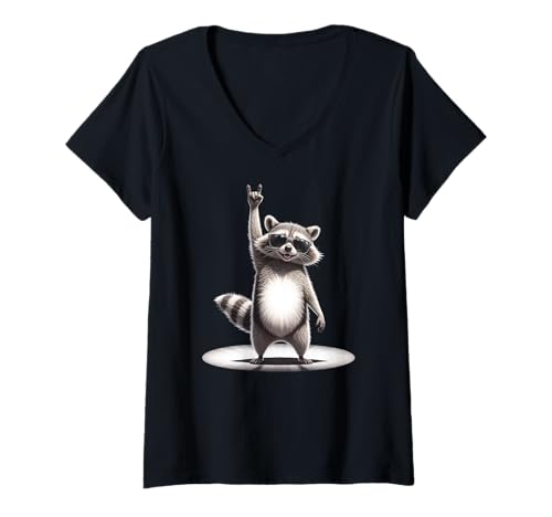 Damen LUSTIGER WASCHBÄR - ROCK MUSIK X Retro Rocker Racoon Pedro T-Shirt mit V-Ausschnitt Damen LUSTIGER WASCHBÄR - ROCK MUSIK X Retro Rocker Racoon Pedro T-Shirt mit V-Ausschnitt von LUSTIGER WASCHBÄR - ROCK MUSIK X Retro Rocker Bär
