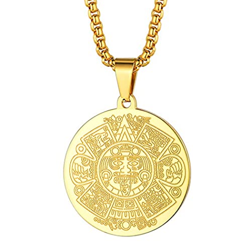 LUTAKU Herrenschmuck Aztec Maya Kalender Anhänger Halskette für Männer Frauen Jungen 316L Edelstahl Hip Hop Ketten für Männer (Gold) von LUTAKU