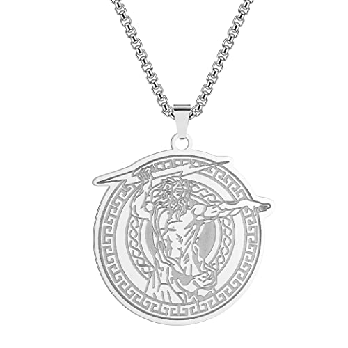 LUTAKU Herrenschmuck Donnergott Zeus Halskette für Männer Jungen Antike griechische Mythologie Anhänger 316L Edelstahl Hip Hop Ketten für Männer (Silver) von LUTAKU