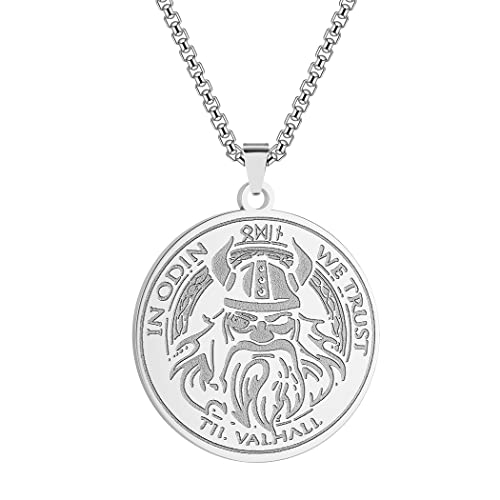 LUTAKU Herrenschmuck Gold We Trust in Odin Halskette für Männer Jungen Punk Warrior Talisman Anhänger 316L Edelstahl Hip Hop Ketten für Männer (Silver) von LUTAKU