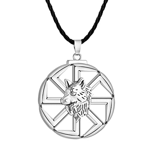 LUTAKU Kolovrat Wolf Anhänger Wikinger Sonnenrad Halskette für Männer Pagan Symbol der Sonne Charm Kette Mythologie Svarog Gott Zeichen Schmuck, Leder von LUTAKU