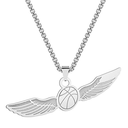 LUTAKU Herrenschmuck Winged Basket Ball Goldhalskette für Männer Jungen Punk Sportkorb Liebhaber Anhänger 316L Edelstahl Hip Hop Ketten für Männer (Silver) von LUTAKU