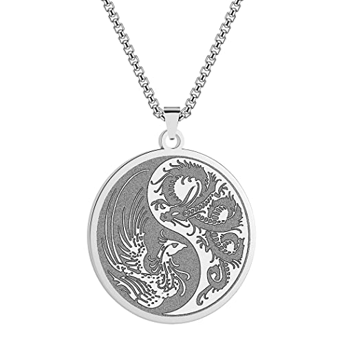 LUTAKU Yin Yang Halskette für Frauen Mädchen Roter Drache und Phönix Balance Bunte Unisex Anhänger Antik Chinesisch Accessoire Schmuck Geschenk, Edelstahl von LUTAKU