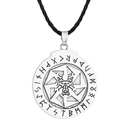Norse Viking Kolovrat Rune Wolf Halskette für Herren Punk Slawen Mythologie Rune Buchstabe Anhänger Schwarze Lederkette Amulett Schmuck, Leder von LUTAKU