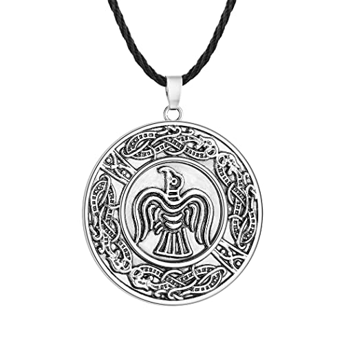 LUTAKU Vintage Rabe Banner Anhänger Wikinger Rabe Halskette für Männer Antik Silber Charm Schwarz Leder Kette Männlich Amulett Schmuck, Leder von LUTAKU