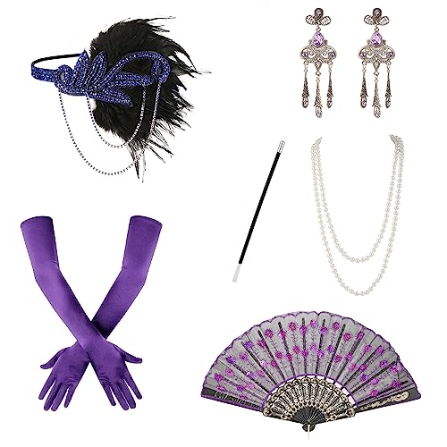 1920er Flapper Accessoires Set für Damen, 6-Teilig Roaring 20s Accessoires 1920er Jahre Zubehör für Gatsby Lange Satinhandschuhe Stirnband Perlenkette Retro-Ohrringe für Frauen (Lila) von LUTER