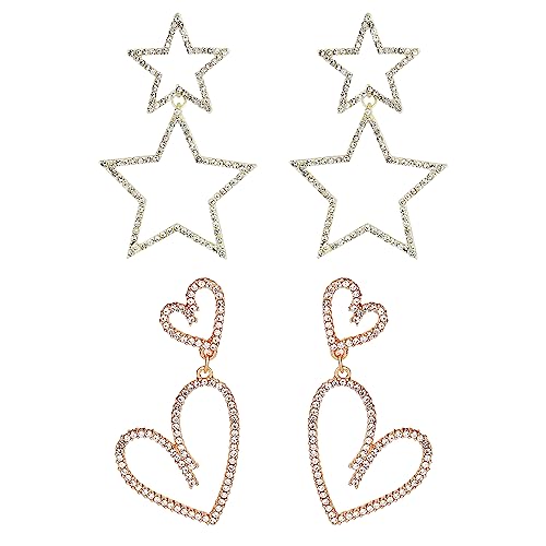 2 Paar Stern Ohrringe, Herz Ohrringe, Liebesherz Große Herz Ohrringe Kristall-Stern-Ohrringe Glitzernd Tropfen-Ohrringe Schmuck für Frauen Mädchen Hochzeit Geburtstagsfeier Valentinstag (Gold) von LUTER