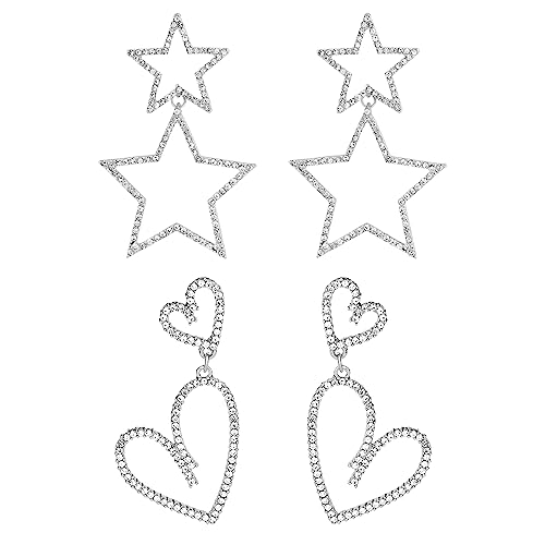 2 Paar Stern Ohrringe, Herz Ohrringe, Liebesherz Große Herz Ohrringe Kristall-Stern-Ohrringe Glitzernd Tropfen-Ohrringe Schmuck für Frauen Mädchen Hochzeit Geburtstagsfeier Valentinstag (Silber) von LUTER