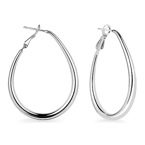 2 Stück Ovale Creolen für Damen, Ohrringe Sterling Silber 925 Creolen für Damen Tropfenförmige Ovale Creolen Große Einfache Hakenohrringe für Teenager, Leicht und Einfach zu Tragen (Silber) von LUTER