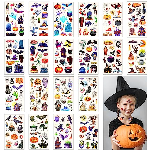 20 Blatt Halloween Tattoo Aufkleber, Wasserdichte Halloween Temporäre Tattoos, Niedliche Kürbis/Skelett/Geister Tattoos für Kinder und Erwachsene von LUTER