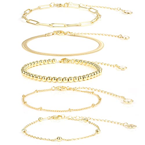 LUTER 5St Goldarmbänder für Frauen, 14K Verstellbare Vergoldete Gliederarmbänder damen Kettenarmbänder Set Armband Schmuck für Frauen Handgelenk Fußkettchen Geschenk (Gold) von LUTER