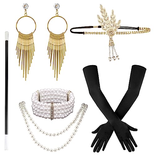 LUTER 8pcs 1920er Accessoires Damen, Wunderschöne Roaring 20s Accessoires Handschuhe Vintage-Stirnband Perlenkette Armband Goldene Ohrringe für Frauen Mottoparty-Zubehör von LUTER