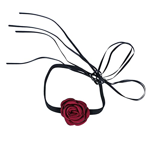 LUTER Choker Halsband Blumen Damen, Rosen Blumen Halskette Samtband Spitzen Halskette Stoff Rosen Halskette für Frauen, Braut, Hochzeit, Party, Geburtstag (Rot) von LUTER