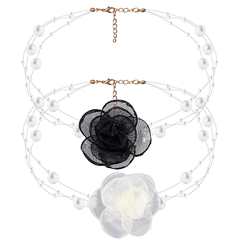 LUTER Halsband Blumen Damen, Rosen-Blumen-Halskette, Boho-Stoff-Blumen-Halskette mit Perlenkette für Frauen Braut Hochzeitsfeier Geburtstag (Weiss) von LUTER