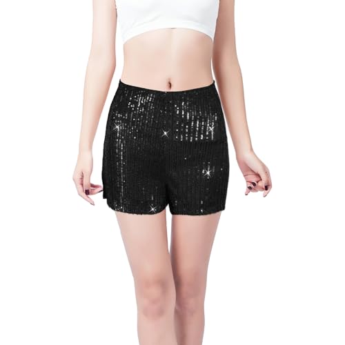 Pailletten Shorts, Solide Schwarze Glitzer Shorts Hohe Taille Elastisch Shorts Pailletten Schwarze Glitzer-Party-Shorts ERAS-Tour-Outfits Gerade Pailletten-Shorts für Damen (Größe M) von LUTER