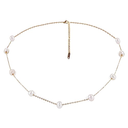 LUTER Perlenketten für Damen, Verstellbare Zierliche Vergoldete Perlenkette mit Verlängerungskette Perlenkette mit Goldkette Süßwasserperlenkette Echt von LUTER