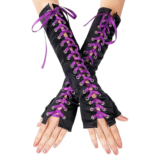 Lace Up Gloves, Fingerlose Satinhandschuhe Ellenbogenlänge Schnürhandschuhe Ellenbogenlange Handschuhe Fingerlos für Halloween-Kostümparty-Armwärmer von LUTER