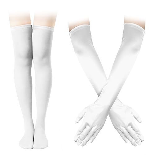 Satin Handschuhe Lang mit Hohen Socken, Lange Opern Satinhandschuhe Satin-Handschuhe Ellenbogenlänge für Frauen Mädchen für Weihnachten Halloween Abschlussball Cosplay(Weiss) von LUTER