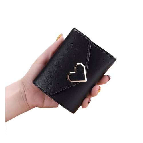 Geldbörsen Geldbörse Damen Pu Leder Geldbörse Mini Metall Herz Kartenhalter Kurz Dreifach Münzfach Lässige Klassische Geldbörsen Geschenk (Color : Noir, Size : 9x11.5cm) von LUTFI