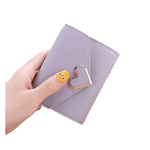 Geldbörsen Geldbörse Damen Pu Leder Geldbörse Mini Metall Herz Kartenhalter Kurz Dreifach Münzfach Lässige Klassische Geldbörsen Geschenk (Color : Purple, Size : 9x11.5cm) von LUTFI