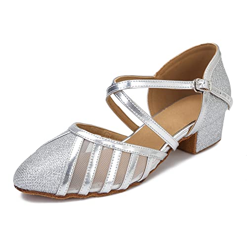 Niedriger Absatz, Ballsaal-Tanzschuhe, Damen, Latein, Salsa, Hochzeit, Übung, Tanzschuhe, glitzernd, bequem, geschlossene Zehenpartie, Tanzschuhe, 3,8 cm, Silberfarbene Absatzschuhe, 3,8 cm, 40.5 EU von LUTIWRM