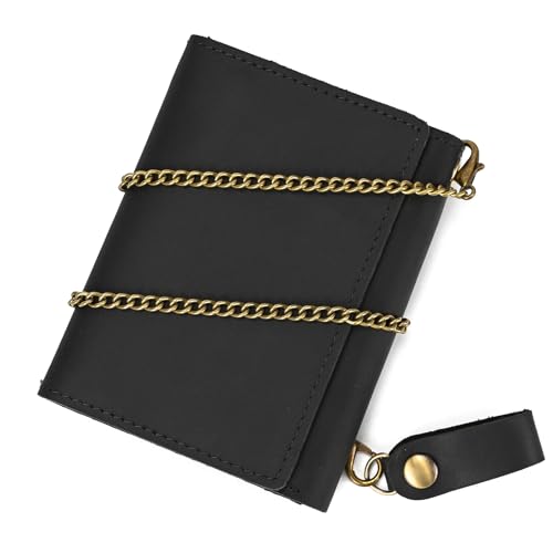 LUUFAN Retro Kette Kurze Brieftaschen für Männer Echtes Leder Trifold Wallet Anti-Diebstahl Kette Geldbörse für Reisen im Freien (6007-Schwarz) von LUUFAN