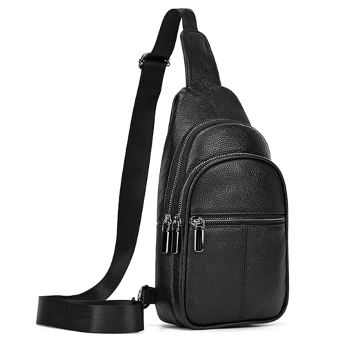 LUUFAN Echtes Leder Brusttasche für Männer Frauen Cross Body Sling Schulter Messenger Bag mit mehreren Taschen für Reisen Wandern im Freien, schwarz von LUUFAN