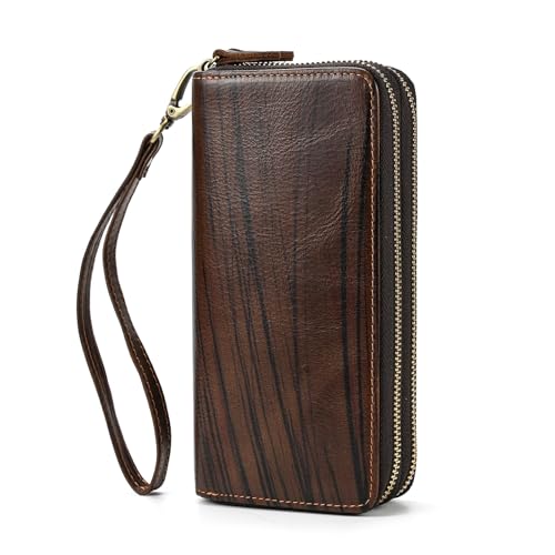 LUUFAN Echtes Leder Brieftasche Doppelter Reißverschluss Lange Brieftasche Großes Fassungsvermögen Geldbörse Clutch Bag Handtasche Pouch Business Cash Cards Phone Holder, Braun von LUUFAN