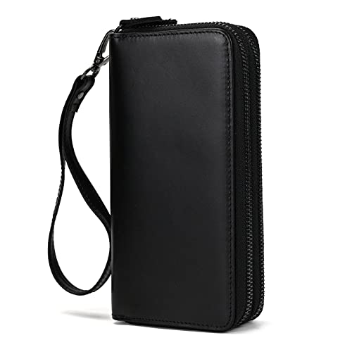 LUUFAN Echtes Leder Lange Brieftasche große Kapazität Double Zipper um Geldbörse Clutch Bag Handtasche Münze Beutel Bargeld Kreditkarten Handy-Halter, schwarz von LUUFAN