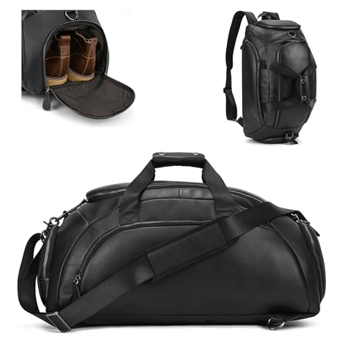 LUUFAN 3 in 1 Echtes Leder Reisetasche Garment Duffel Bags, Vielseitige Convertible Rucksack Carry on Gym Handtasche mit Schuhfach Schultertasche für Erwachsene Männer & Frauen, Schwarz von LUUFAN