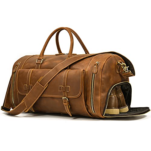 LUUFAN Herren Echte Leder Reisetasche Reisetasche Top Grain Rindsleder Hohe Kapazität Vintage Wochenende Tasche (Light Brown-58cm) von LUUFAN