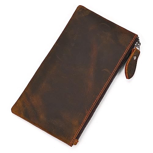 LUUFAN Herren Echtes Leder Lange Brieftasche Bifold Lange Brieftasche Reißverschluss Geldbörse, Dunkelbraun, Minimalistisch von LUUFAN