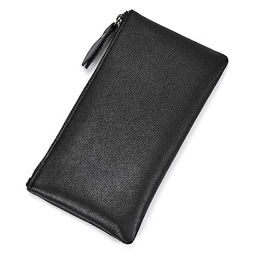 LUUFAN Herren Echtes Leder Lange Brieftasche Bifold Lange Brieftasche Reißverschluss Geldbörse, Schwarz, Minimalistisch von LUUFAN