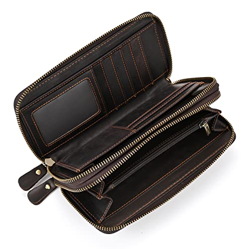 LUUFAN Herren Echtleder Geldbörse Doppelreißverschluss Lange Brieftasche große Kapazität Clutch Bag Handtasche Business Hand Clutch Bargeld Karten Telefonhalter, braun von LUUFAN