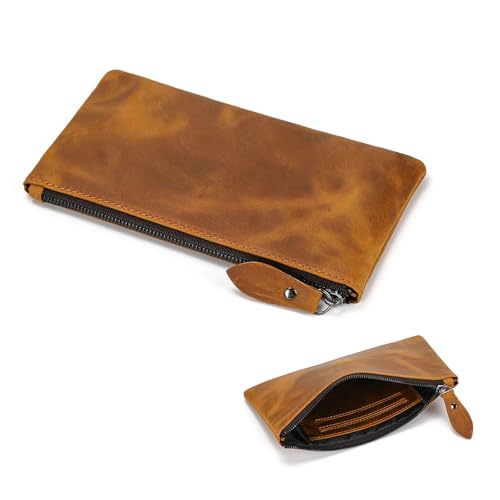 LUUFAN Echtes Leder Langes Portemonnaie Federmäppchen Etui mit Reißverschluss Kartenfächer Münze Geld Stift Schlüssel Etui für Künstler Student Büro 7,3" x 4", Braun von LUUFAN