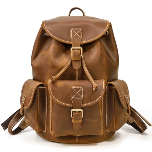 LUUFAN Herren Leder Rucksack Daypack Schule Satchel Reisen Schulter Laptop-Tasche (Reddish Brown) von LUUFAN