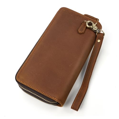 LUUFAN Lange Geldbörse aus echtem Leder, großes Fassungsvermögen, doppelter Reißverschluss, Clutch, Handtasche, Bargeld, Kreditkarten, Handyhalter, 1009-hellbraun, Long wallet, Casual von LUUFAN